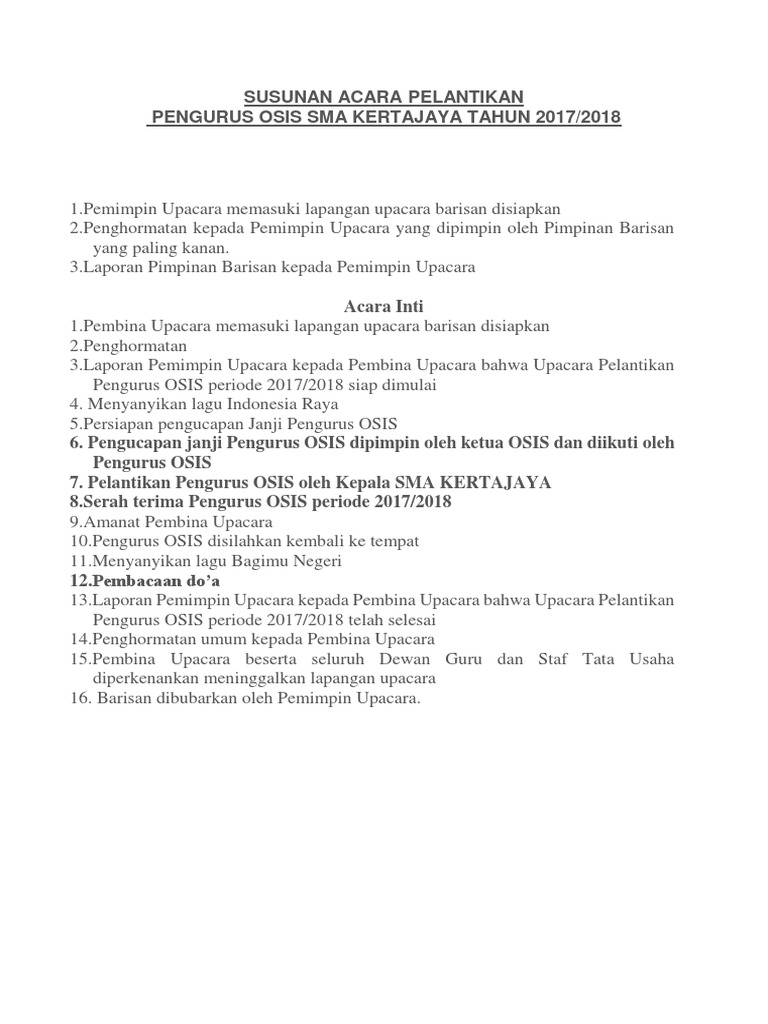 Susunan Acara Pelantikan