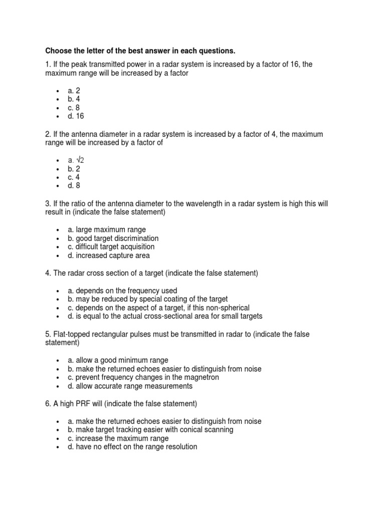 Radar MCQ PDF Antenna (Radio) Radar