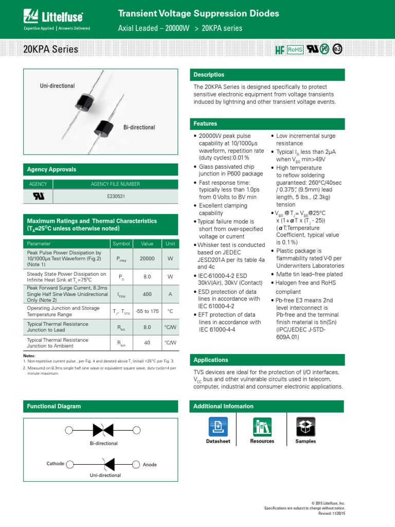 Littelfuse TVS Diode 20KPA Datasheet.pdf369791 Diode Electronic