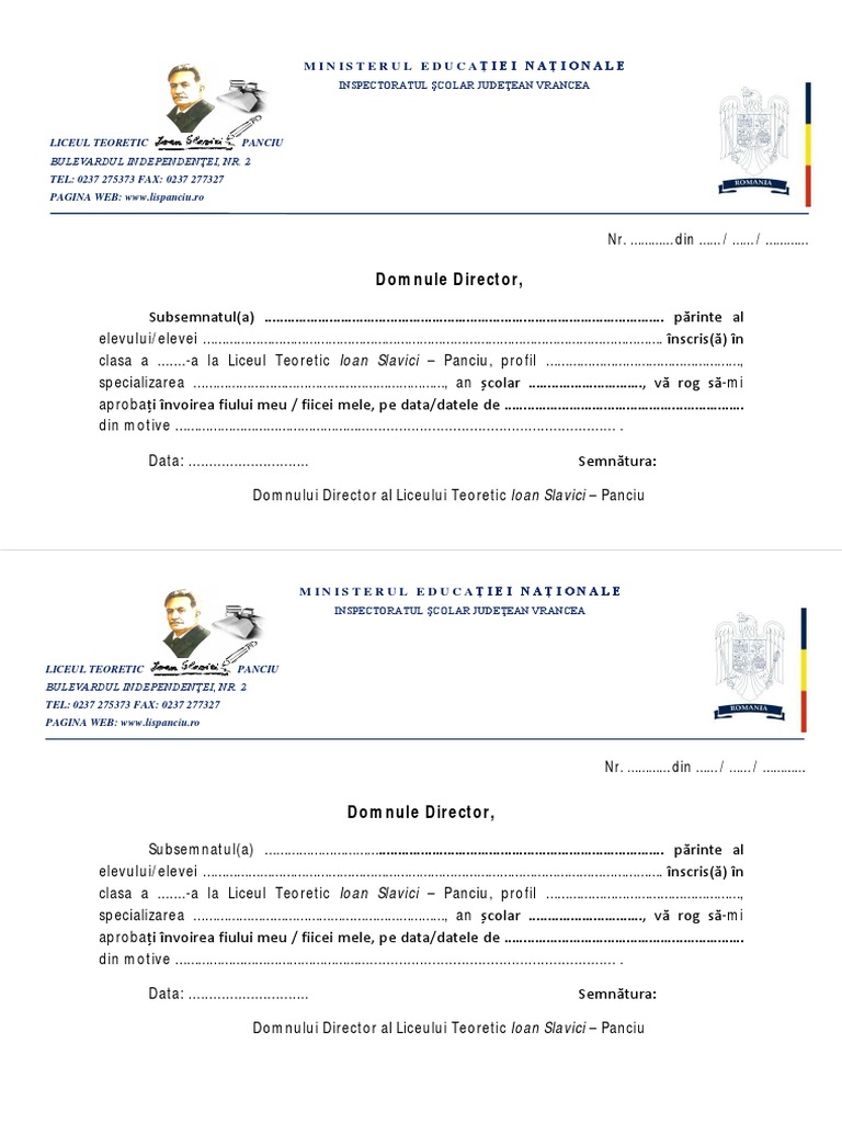 Cerere ÎNVOIRE Elev | PDF