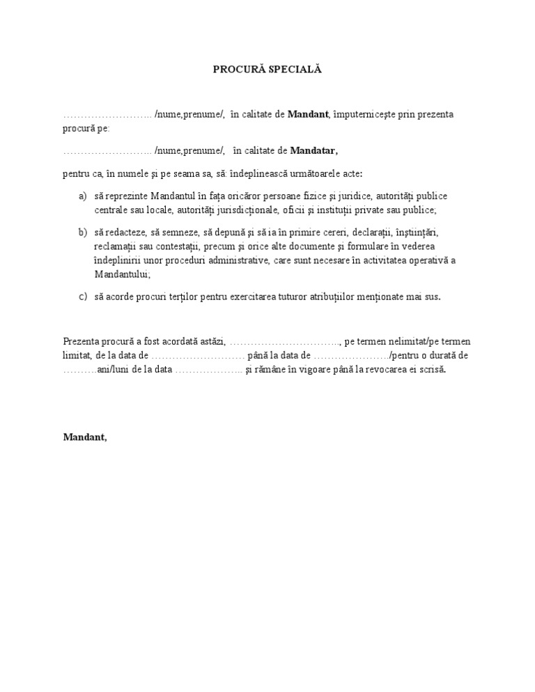 Model procura imputernicire pasaport