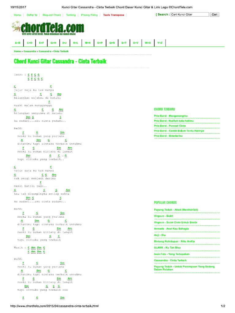 Kunci Gitar Cassandra Cinta Terbaik C Unci Gitar Lirik Lagu C Chordtela Pdf