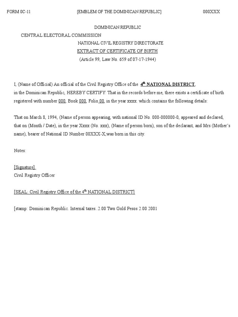 Dominican Republic Birth Certificate Template Birth Certificate Document