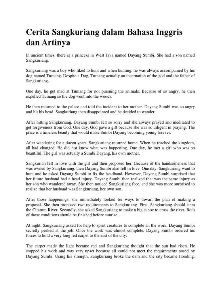 Cerita Sangkuriang Dalam Bahasa Inggris Dan Artinya