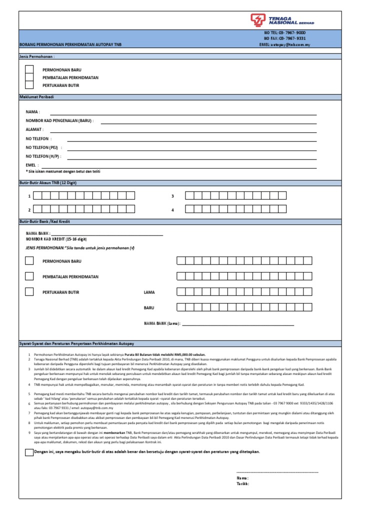 Borang Permohonan Perkhidmatan Autopay TNB | PDF