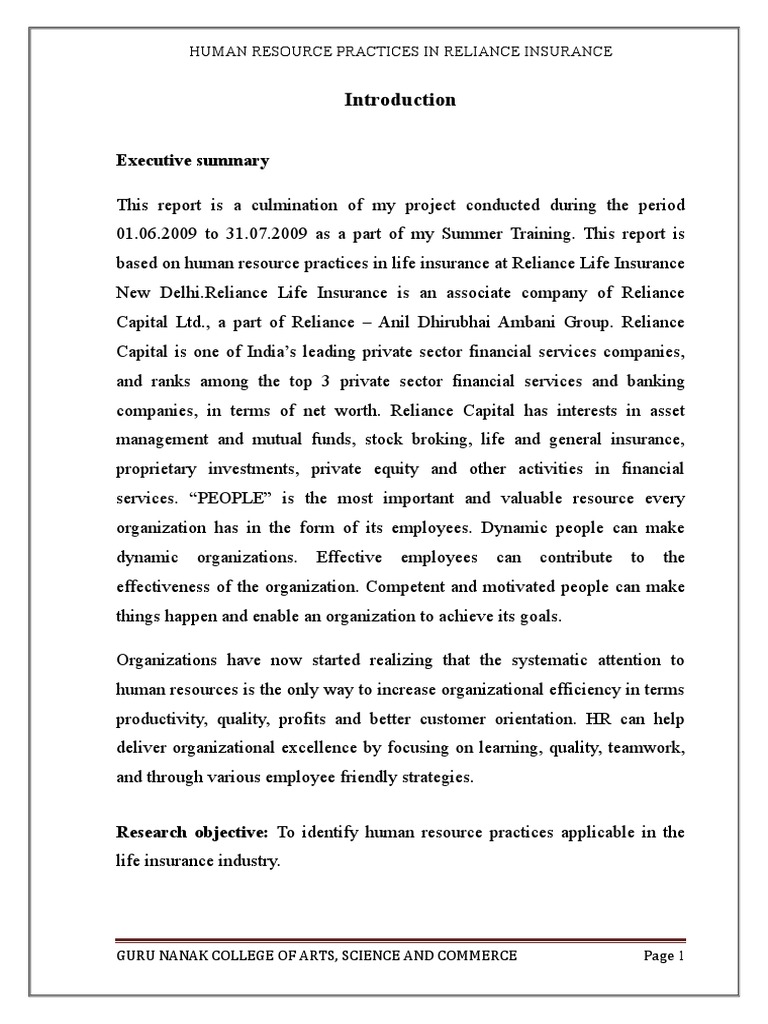 Executive Summary Human Resource Practices in Reliance Insurance PDF Employment Human