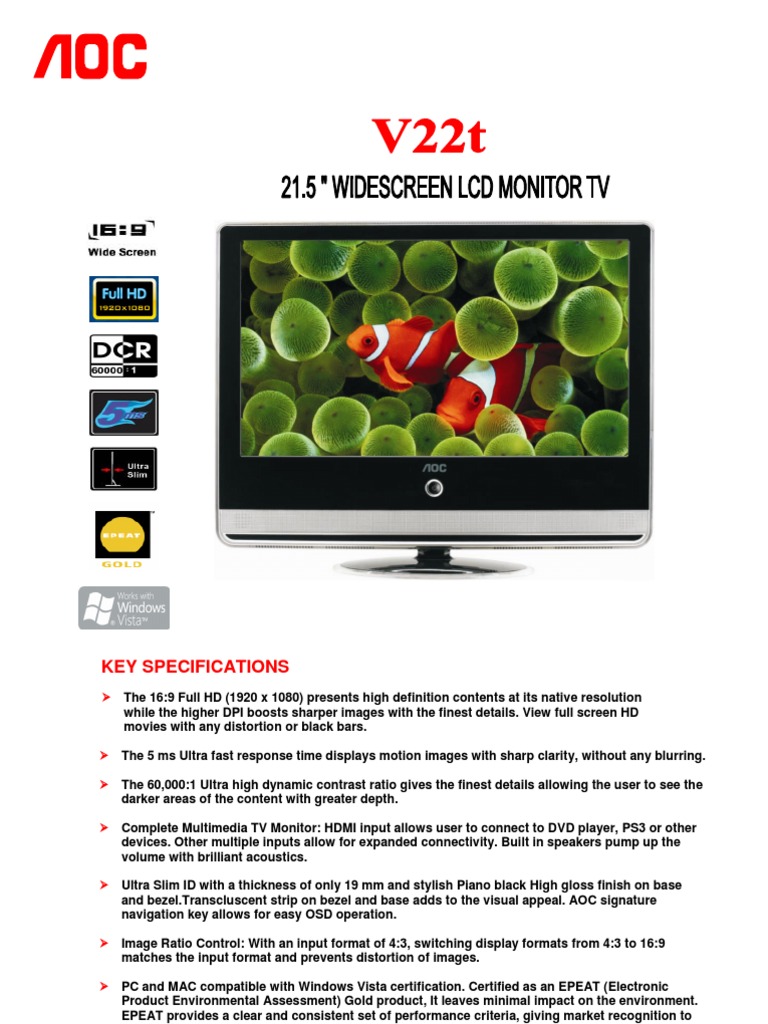 AOC V22t | Display Resolution | Hdmi