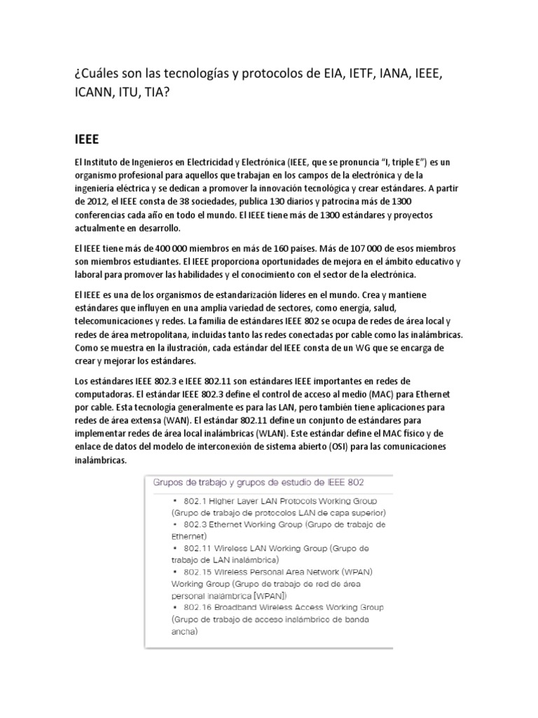 Tecnologías y protocolos de EIA, IETF, IANA, IEEE, ICANN, ITU, TIA ...