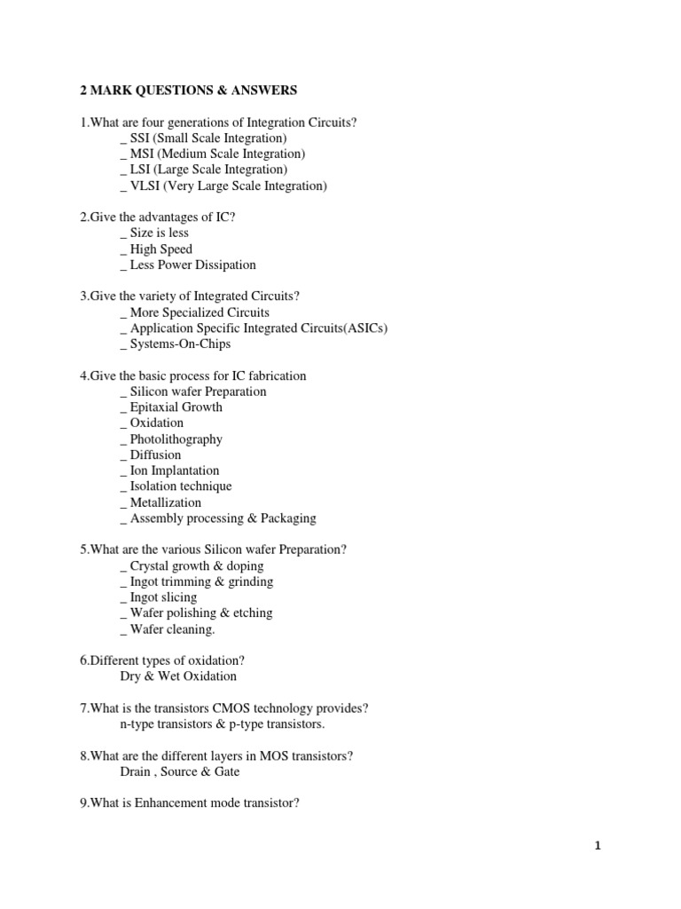 2 Mark Questions & Answers PDF Field Effect Transistor Cmos