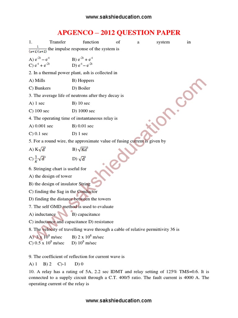 APGENCO 2012 Question Paper Answers | PDF | Amplifier | Operational ...