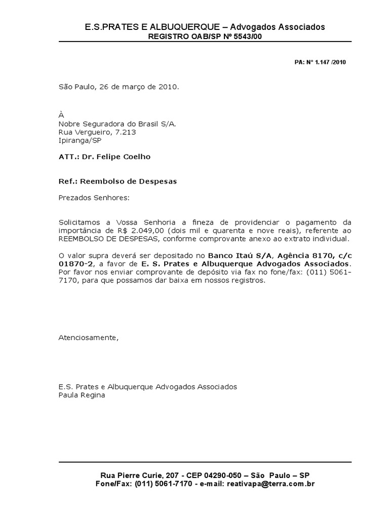 Carta Reembolso de Despesas