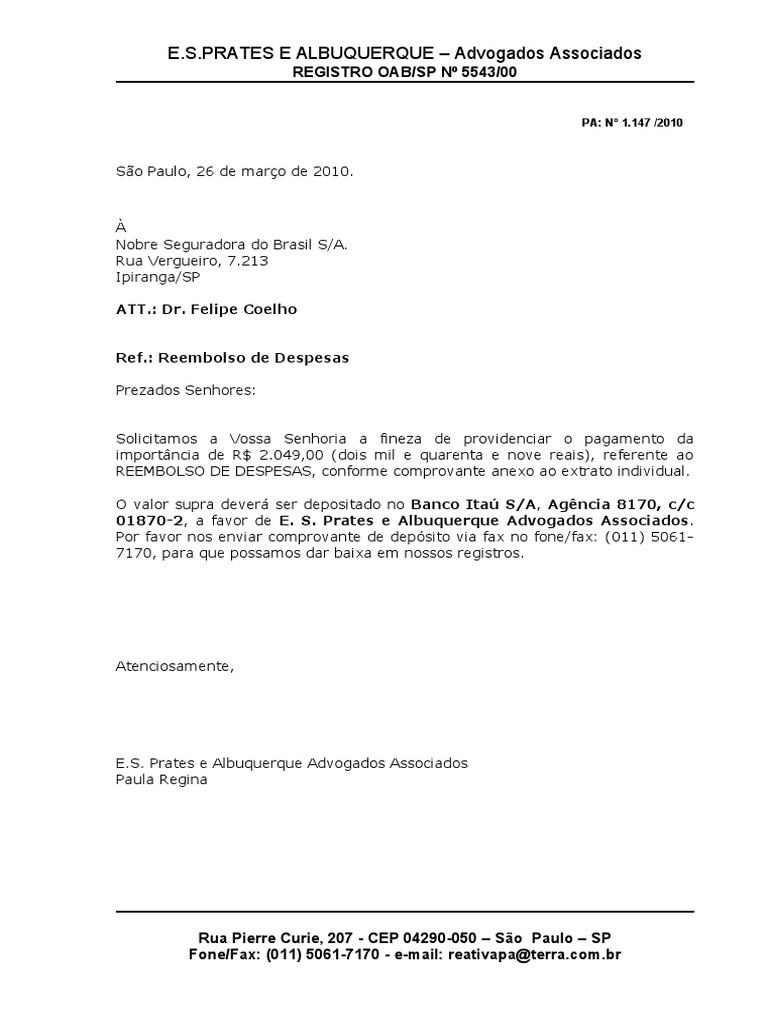 Carta Reembolso De Despesas