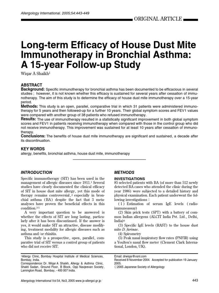 LongTerm Efficacy of House Dust Mite Immunotherapy in Bronchial Asthma