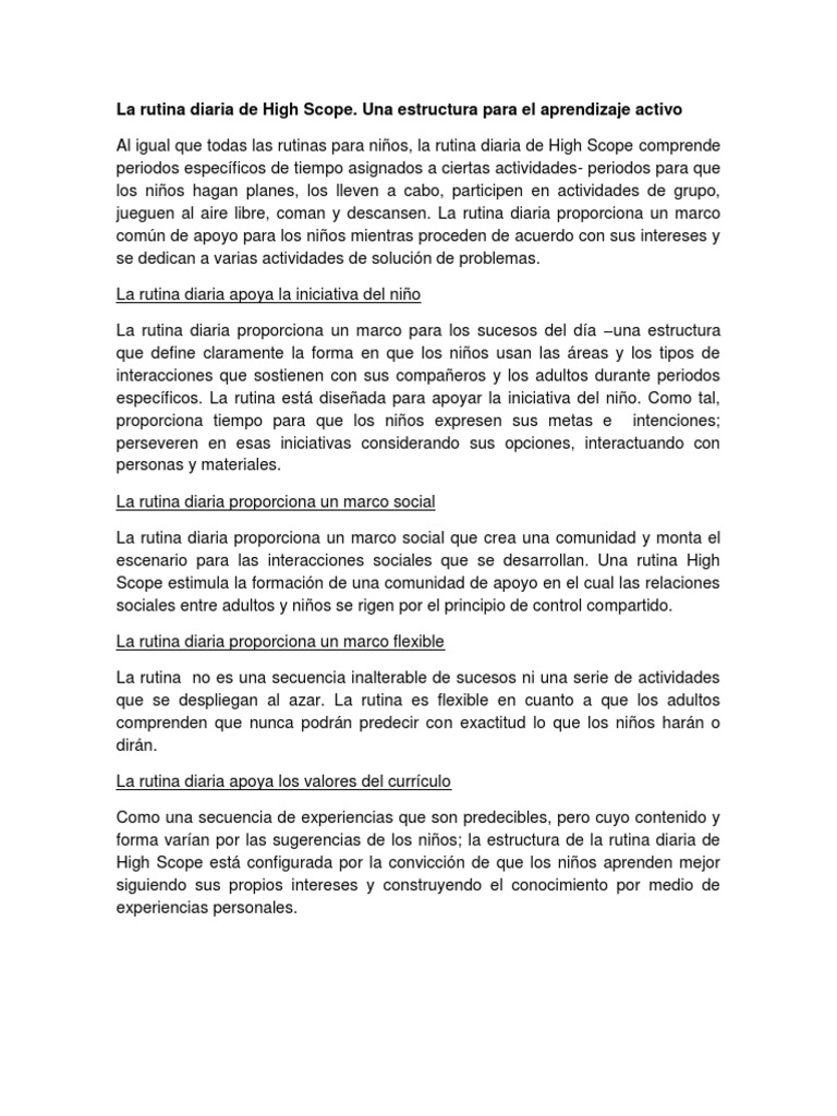 Rutina Diaria en High Scope para Niños | PDF | Adultos | Plan de estudios