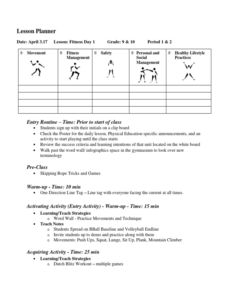 physical education lesson plan for kindergarten