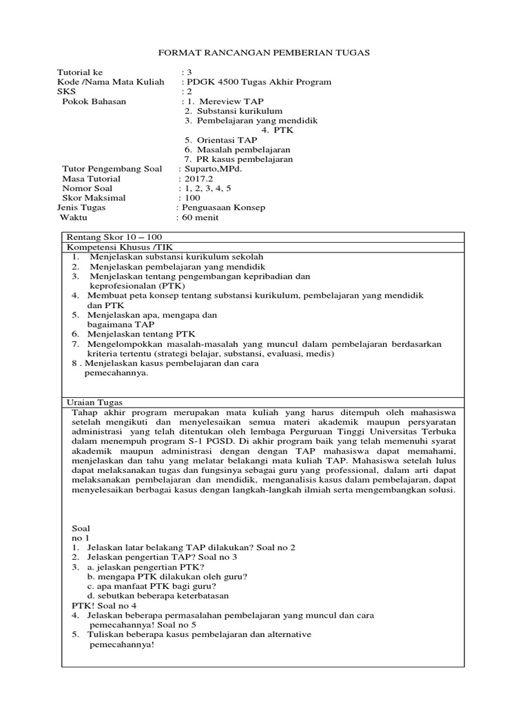 Format Rancangan Pemberian Tugas Tap 201 7 Oke