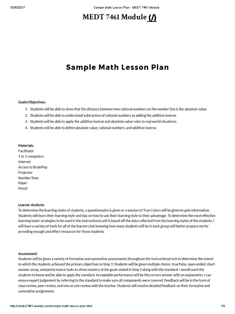 sample math lesson plan - medt 7461 module | Lesson Plan | Learning