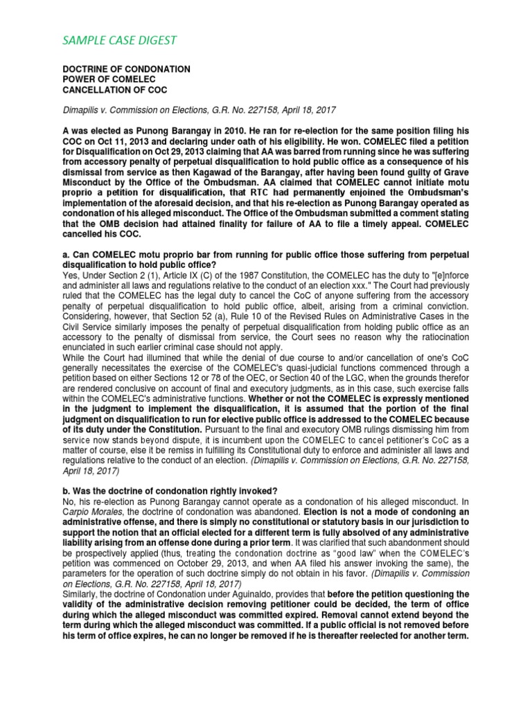 Sample Case Digest Commission On Elections (Philippines) Judgment (Law)