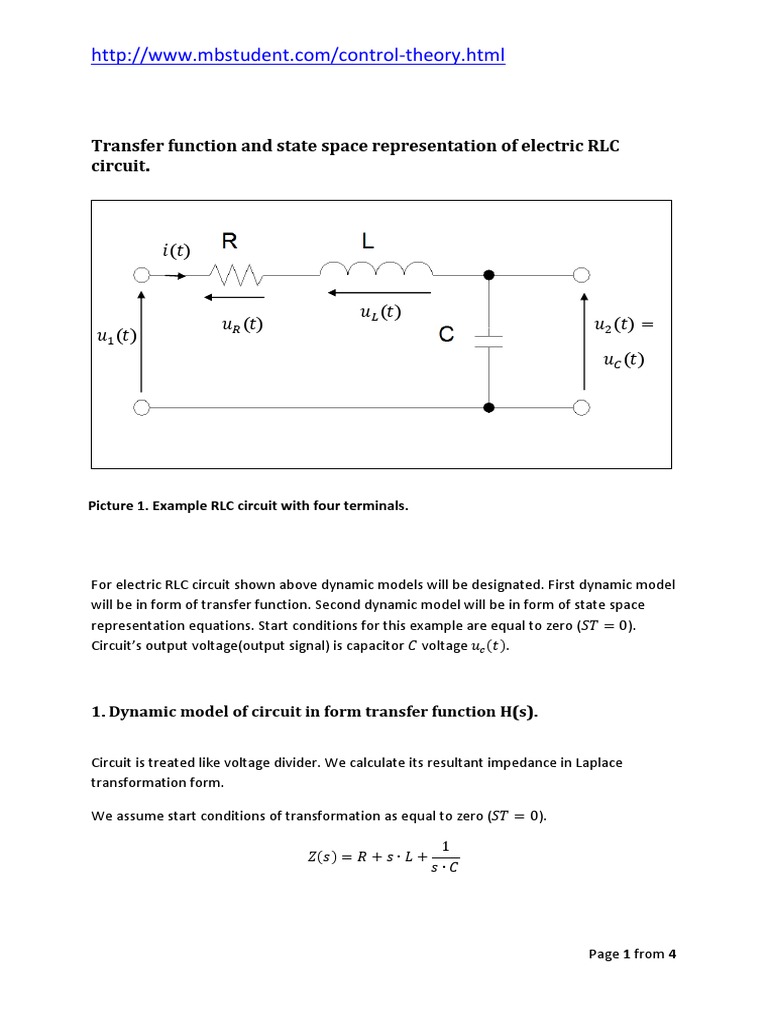 Transfer Function State Space Representation RLC Circuit Example 1 ...