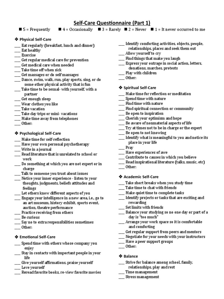 Self-Care Questionnaire and Contract | PDF | Coping (Psychology ...