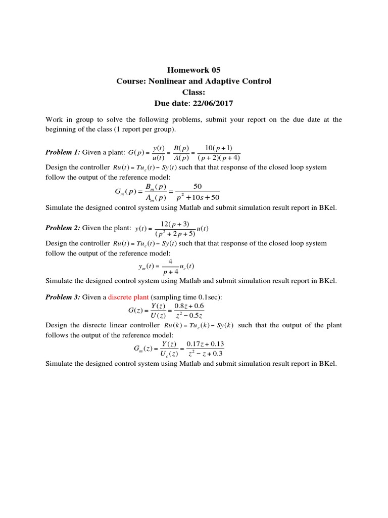 Homework 05 NonlinearAdaptiveCtrl Semester2 AY2016-2017 | PDF