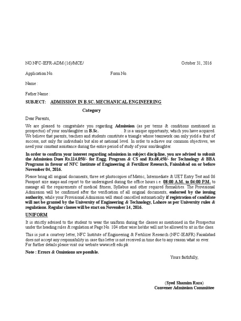 Admission Letter Sample | PDF | Government