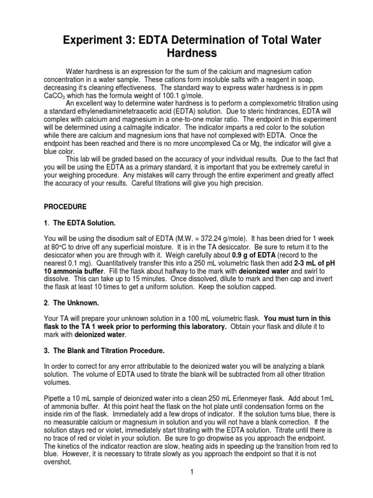 Experiment 3: EDTA Determination of Total Water Hardness | PDF