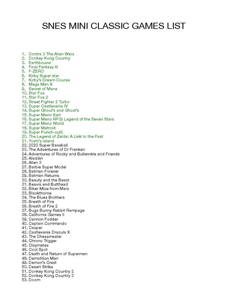 Snes Mini Games List PDF PDF Video Games Leisure