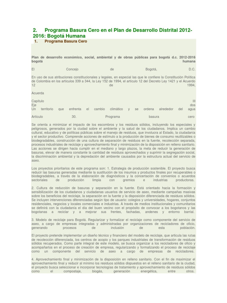 Programa Basura Cero en Bogotá 2012-2016 | PDF | Residuos | Reciclaje