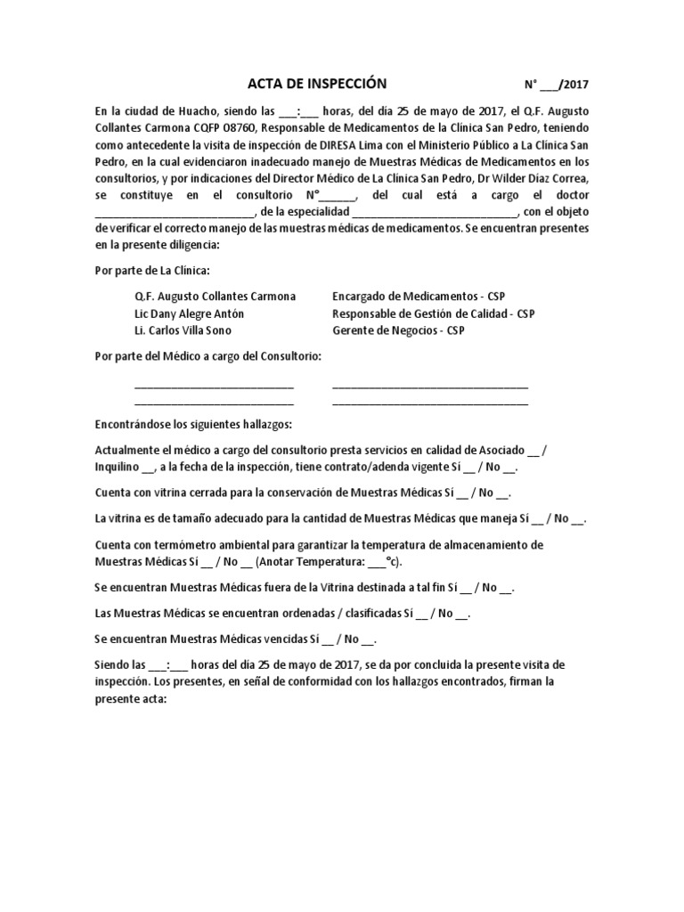 ACTA de INSPECCIÓN Muestras Médicas en Consultorios ACTA de INSPECCIÓN Muestras Médicas en Consultorios