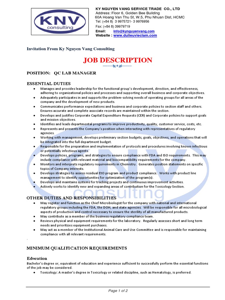 Job Description QCLabMgr PDF Regulatory Compliance Toxicology
