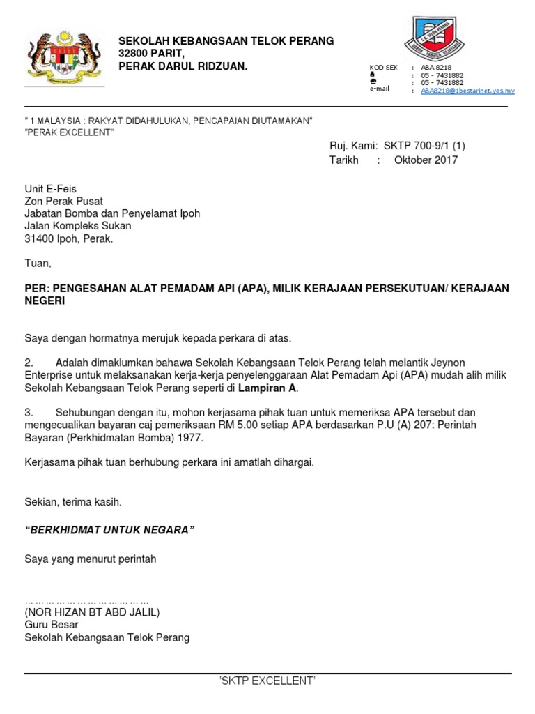 Contoh Surat Memperbaharui Lesen Alat Pemadam Api