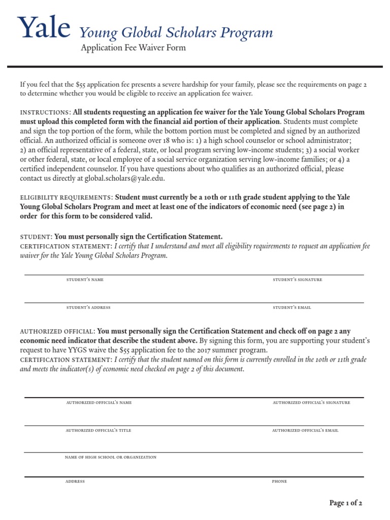 2017 YYGS Fee Waiver Form | PDF | Fee | Poverty