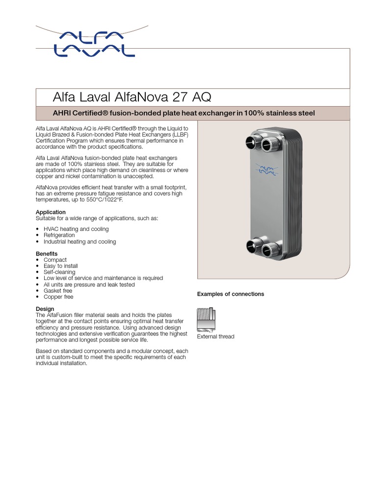 Alfanova 27 Aq Productleaftlet CHE00147EN PDF Heat Exchanger Hvac