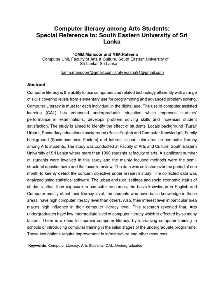 Computer Literacy Among First Year Arts Students in Sri Lanka | PDF ...