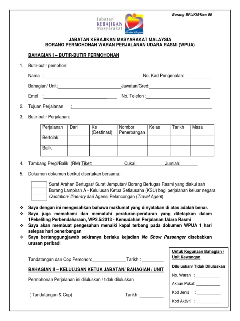 Borang Permohonan Waran Udara Jkm Kew 08 Pdf