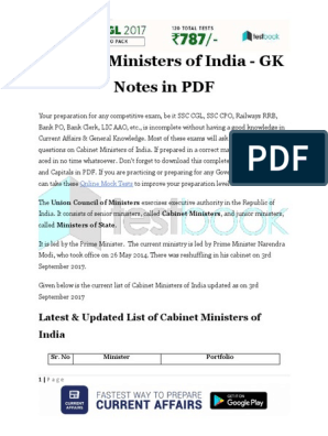 Cabinet Ministers Of India Gk Notes In Pdf Cabinet Government