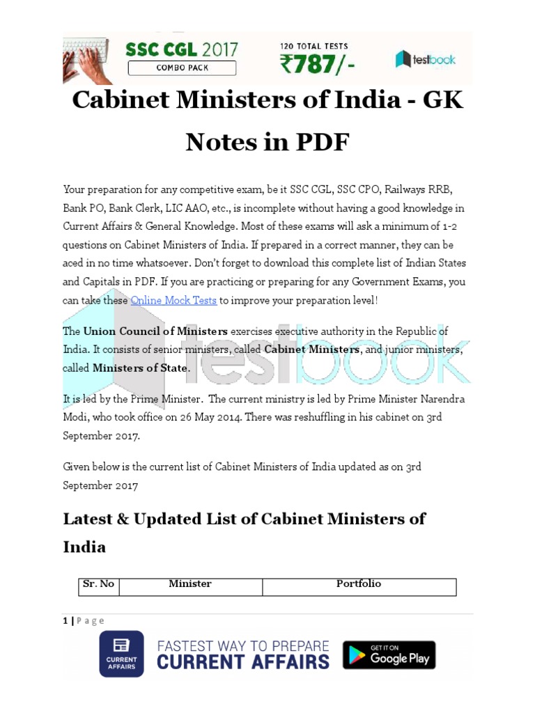 Cabinet Ministers Of India Gk Notes In Pdf Cabinet Government