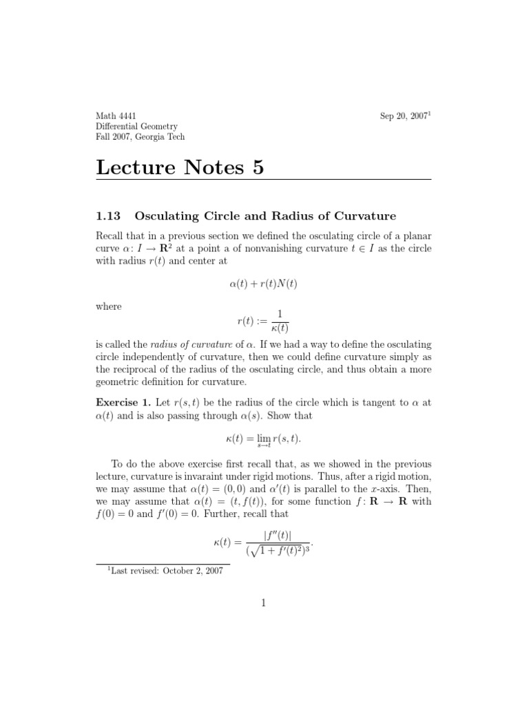 Differential Geometry Notes PDF Curvature Circle