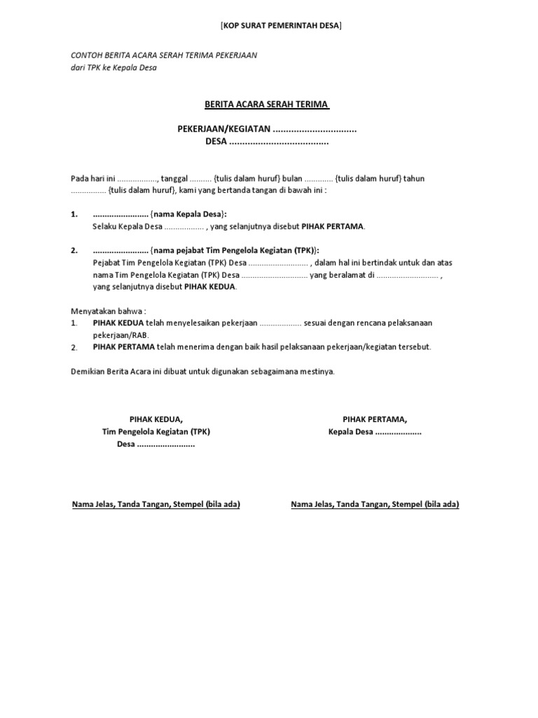 Serah Terima Pekerjaan Dari TPK Ke Kades PDF PDF