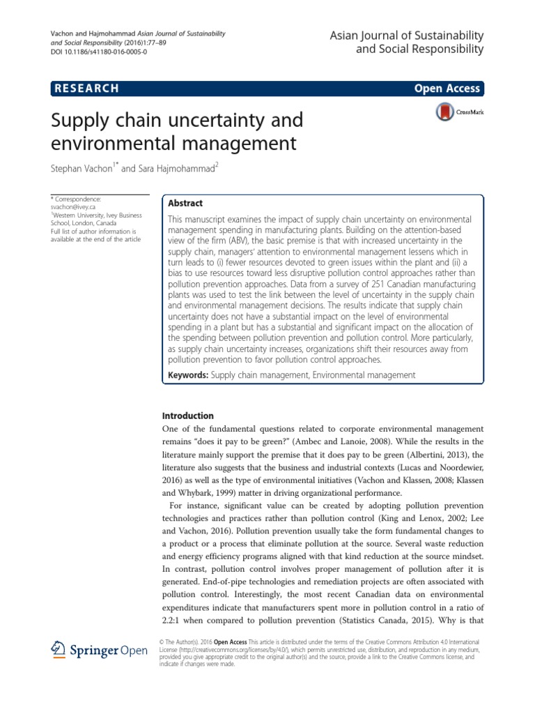 Supply Chain Uncertainty PDF Environmental Resource Management