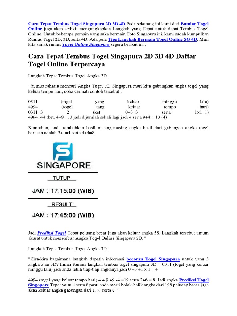 Cara Tepat Tembus Togel Singapura 2d 3d 4d Togelhariini Ga
