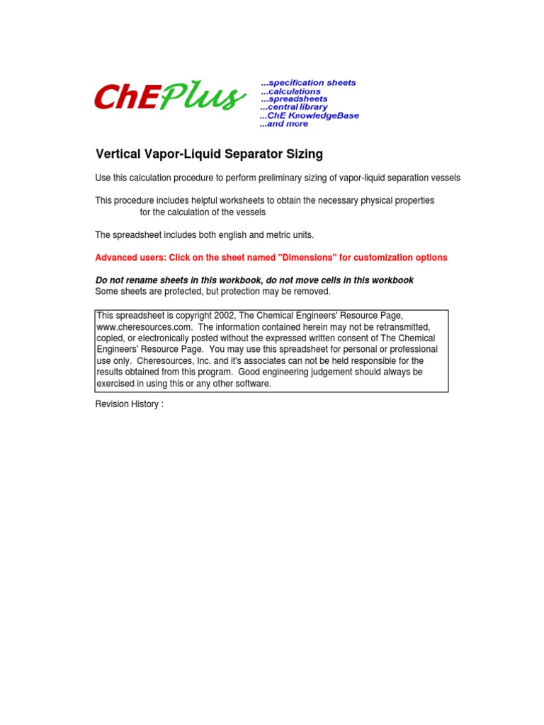 Vertical Vapor-Liquid Separator Sizing: Advanced Users: Click On The ...