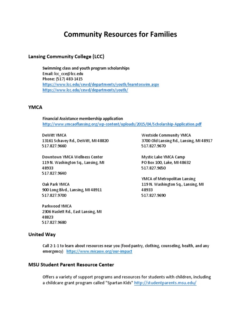 Community Resources For Families PDF Lansing Wellness