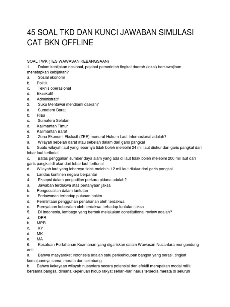 Soal Tkd  Dan Kunci Jawaban Simulasi  Cat  Bkn Offline Cpns 