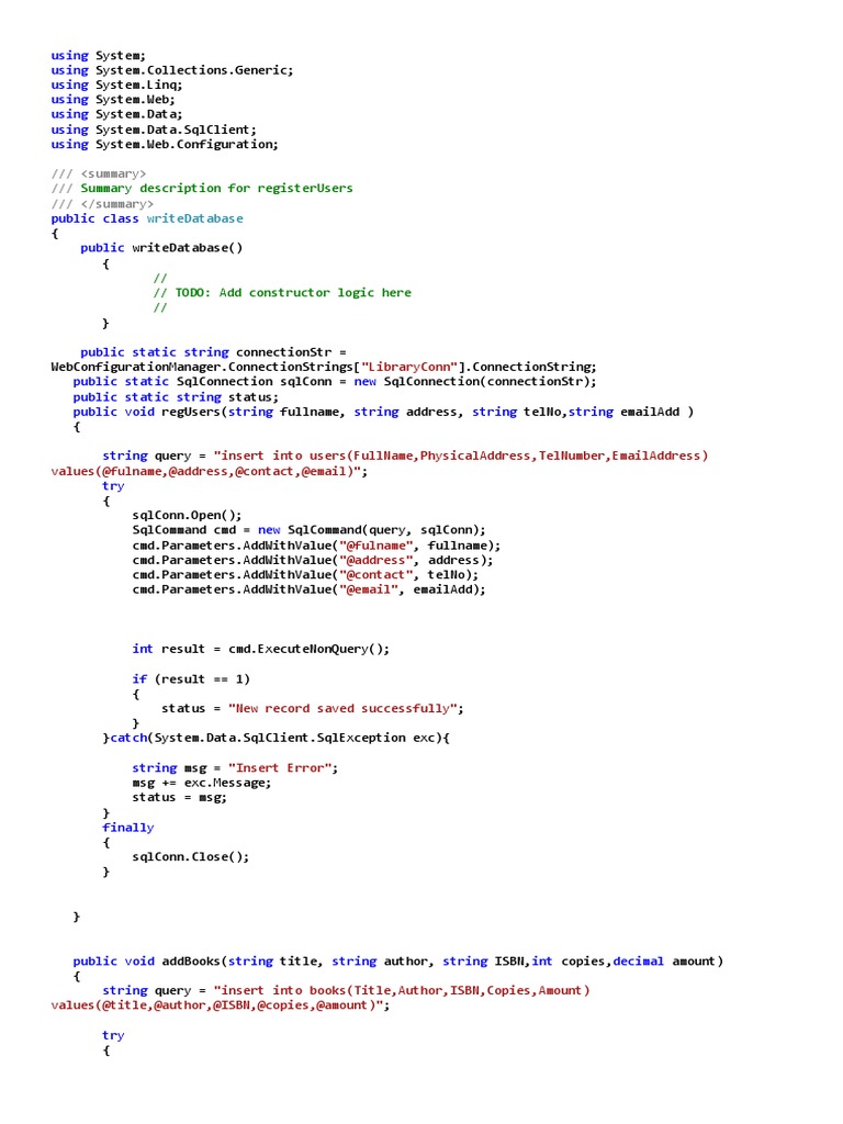 Writedatabase: Summary Description For Registerusers | PDF | Parameter ...