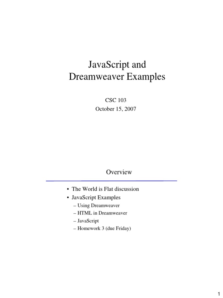 Javascript and Dreamweaver Examples: CSC 103 October 15, 2007 | PDF ...
