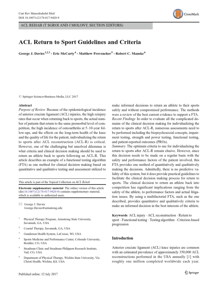 ACL Return To Sport Guidelines and Criteria | PDF | Balance (Ability ...
