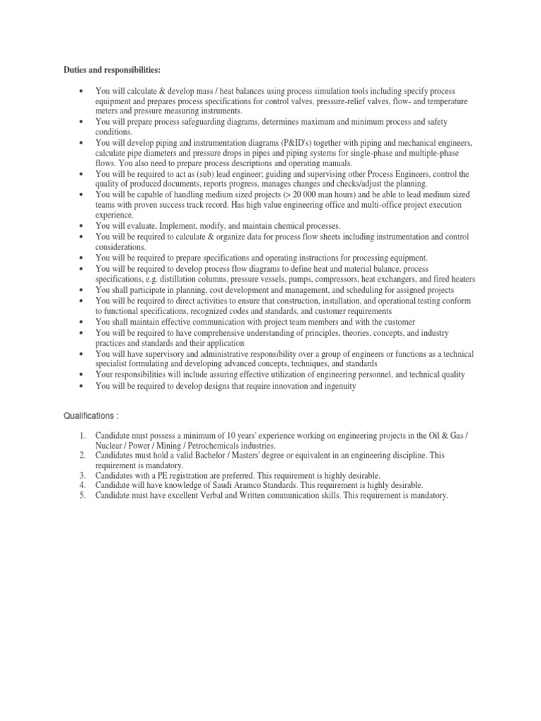 Job Responsibilities PDF Specification (Technical Standard