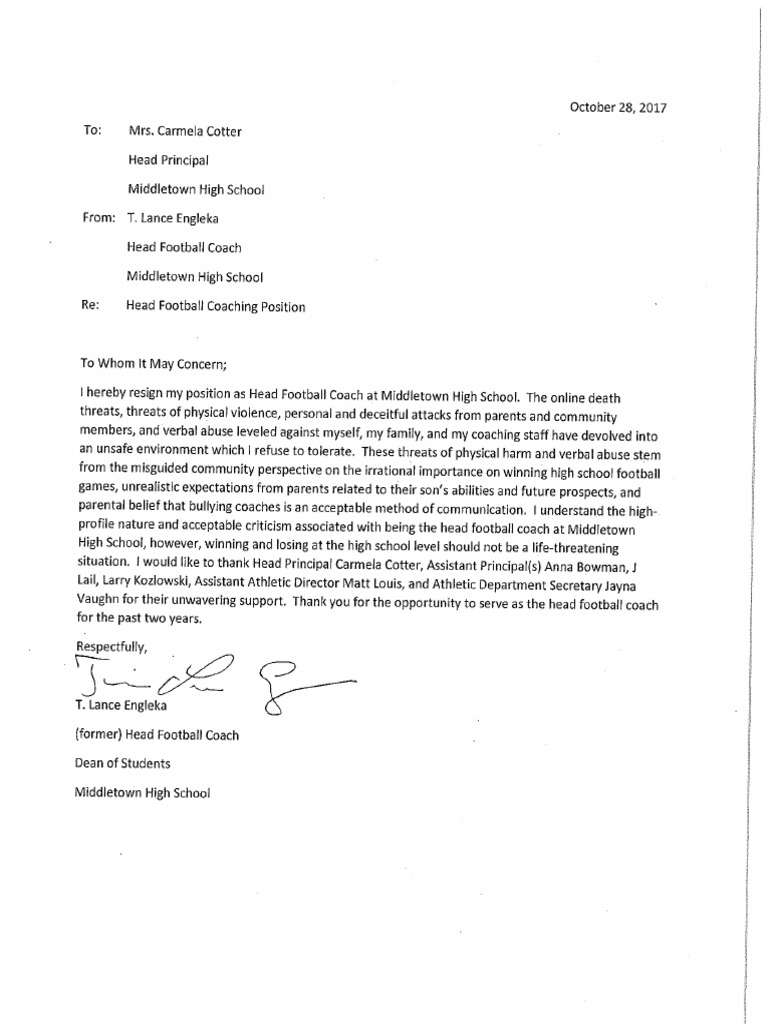 Lance Engleka Football Coaching Resignation Letter 2017 10 28 PDF